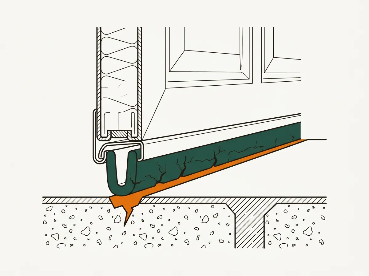 Cross-section illustration of a garage door bottom seal in its retainer channel, cracked and compressed flat with a visible gap to the floor.