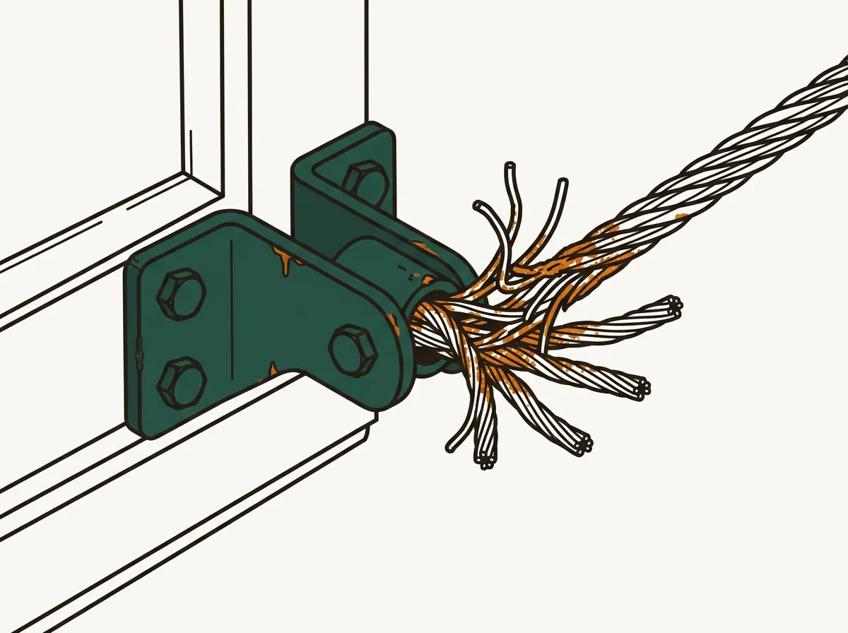 Illustration of a corroded garage door lift cable fraying where it meets the bottom bracket, with individual steel strands splitting apart and rust pitting along that section.