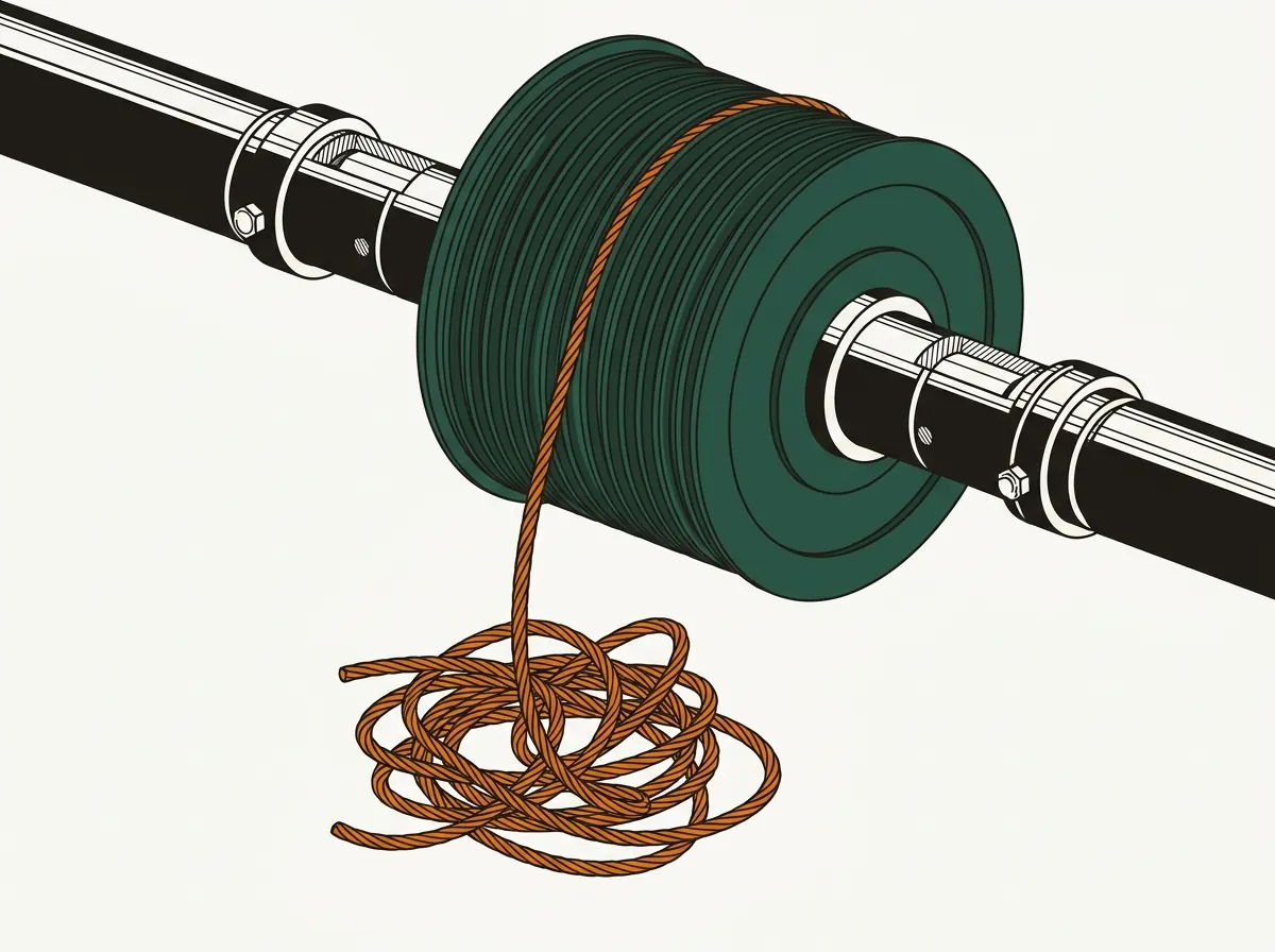Illustration of a garage door cable drum at the end of the torsion shaft with the lift cable unwound from its grooves and hanging slack.