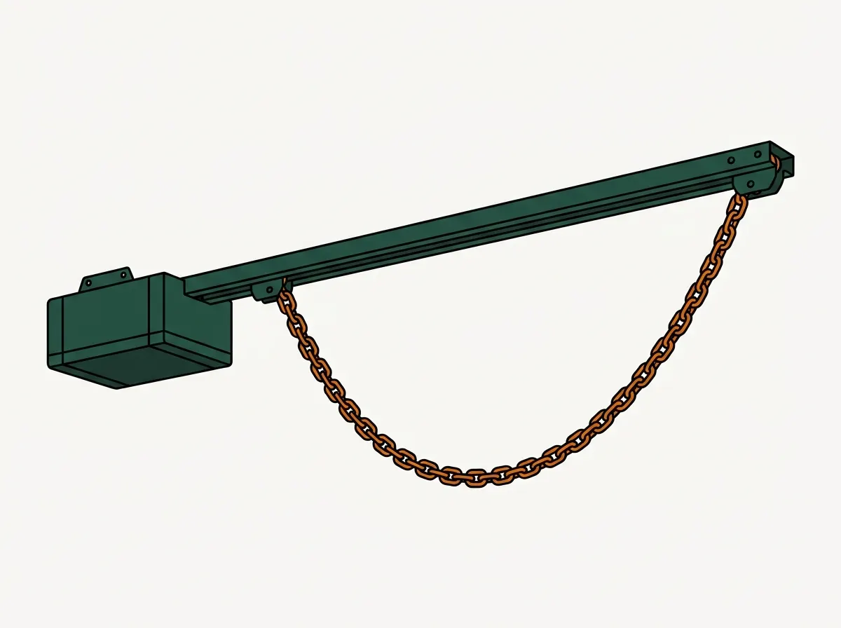 Illustration of a garage door opener rail with the drive chain hanging in a slack loop beneath it.