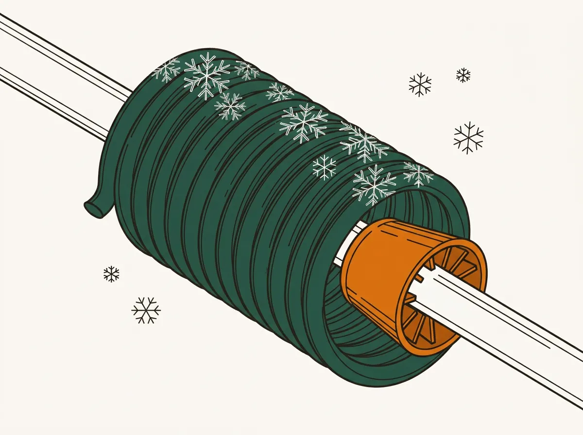 Illustration of a garage door torsion spring on its shaft dusted with frost, with snowflakes around it.