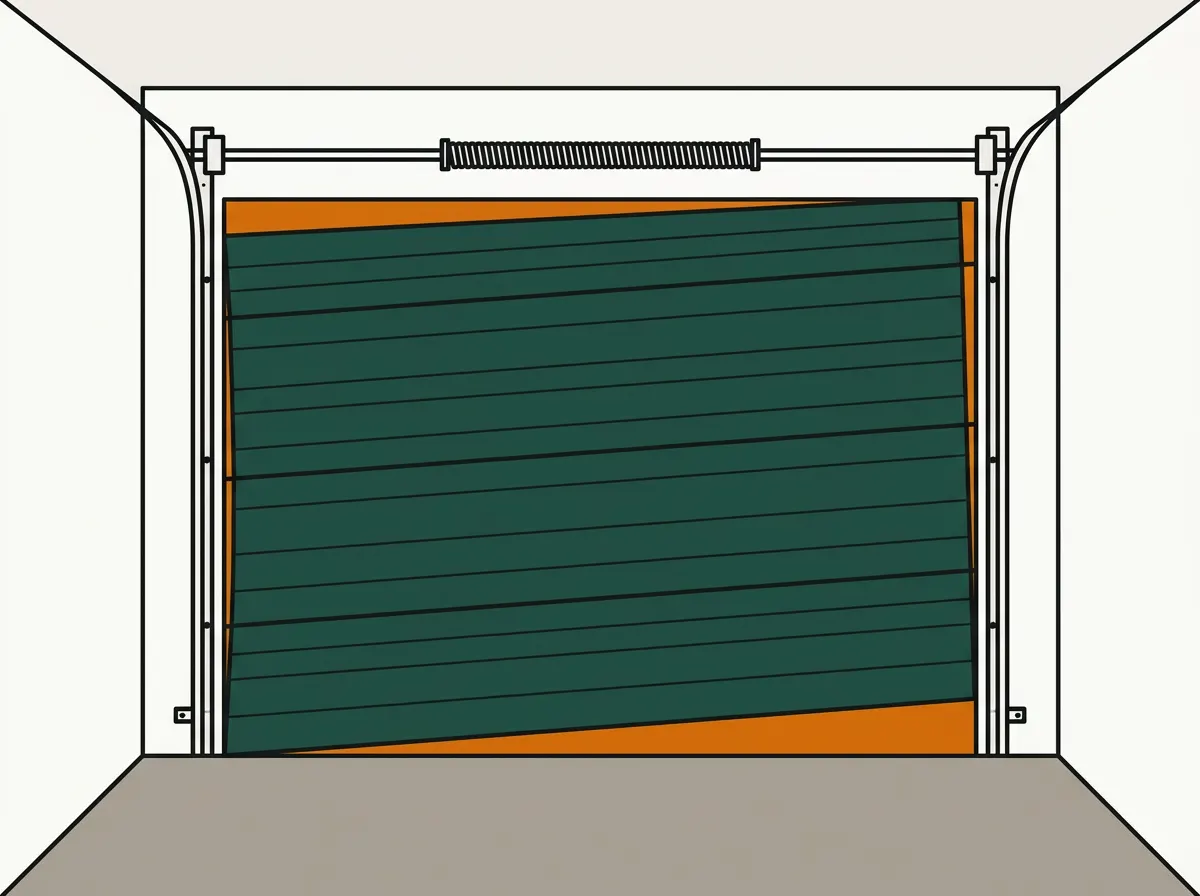Illustration of a closed garage door sitting tilted in its opening, leaving a wedge-shaped gap under one side.