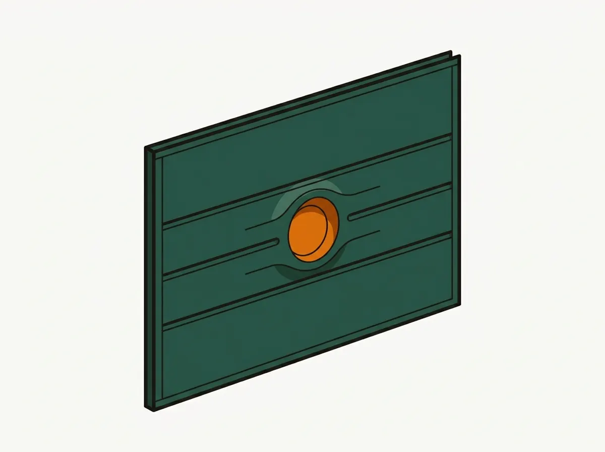 Illustration of a single garage door steel section with a rounded impact dent interrupting its embossed lines.