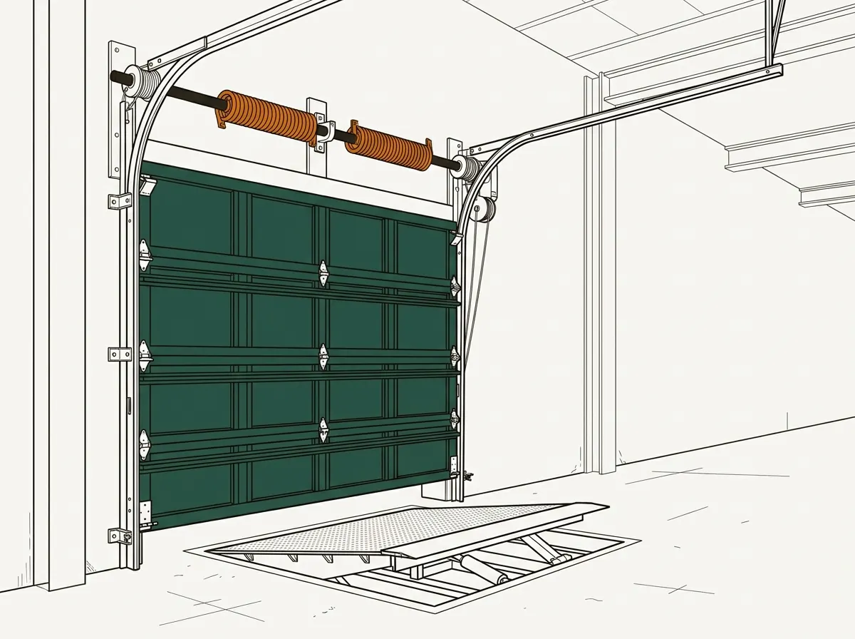 Illustration of a sectional loading dock door from inside the warehouse, with high-lift track, torsion springs above the opening and a dock leveler in the floor.