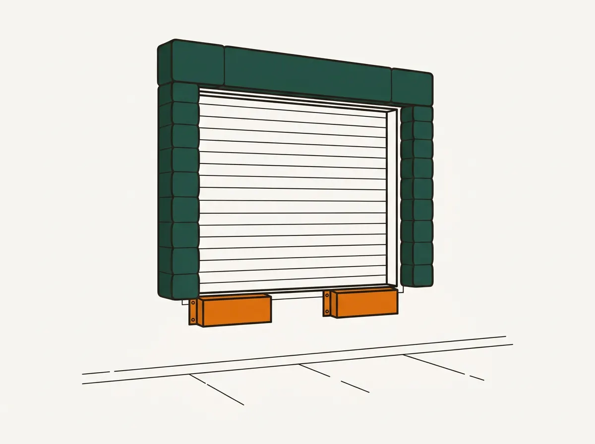 Illustration of a loading dock doorway from outside, with black foam compression seal pads framing the top and sides of the opening, rubber bumpers below, and a closed sectional dock door inside.