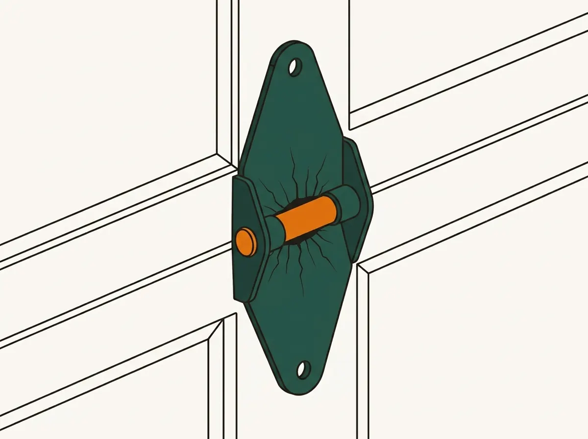Close-up illustration of a garage door hinge spanning two sections, with stress lines radiating from its dry pin barrel.