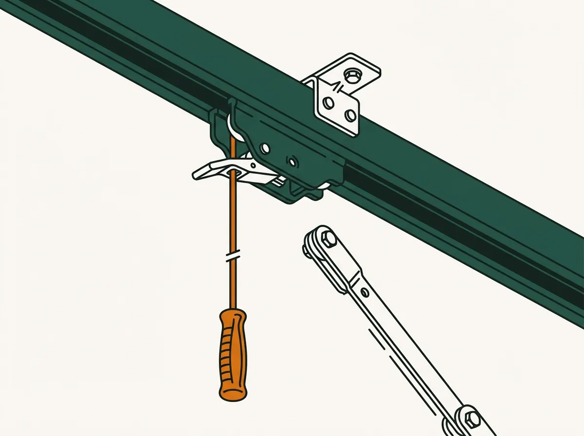 Illustration of a garage door opener trolley with the emergency release cord and handle hanging within reach.