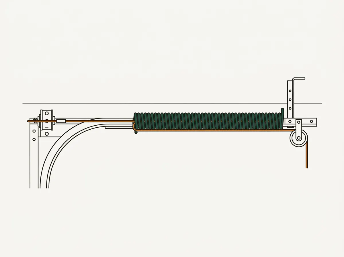 Illustration of a stretched extension spring alongside a garage door's horizontal track, with a thin steel safety cable threaded through the centre of the coils and anchored at both ends, and a pulley at the front of the spring.