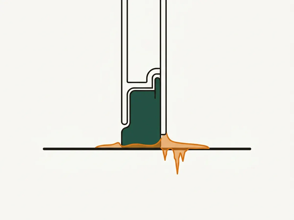 Cross-section illustration of a garage door bottom seal bonded to the concrete slab by a layer of ice.