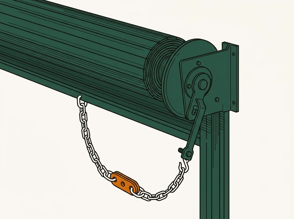 Close-up illustration of a rolling fire door's release mechanism, with the fusible link plate in the chain that holds the door open.