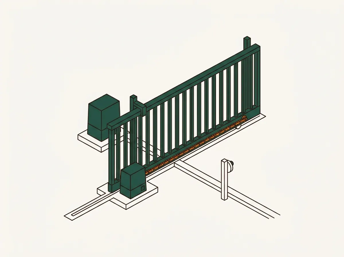 Illustration of a commercial slide gate system: a steel gate operator unit on a concrete pad, a slide gate on its ground track with the drive chain along the bottom rail, and a photo-eye sensor post.