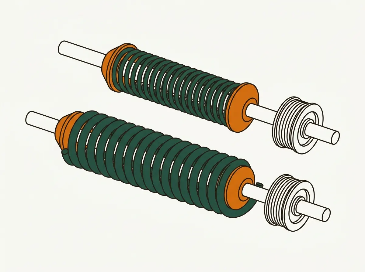 Illustration comparing two torsion springs on parallel shafts: a shorter standard spring with thinner wire above, and a longer high-cycle spring wound from visibly heavier wire below, each with a winding cone and cable drum.
