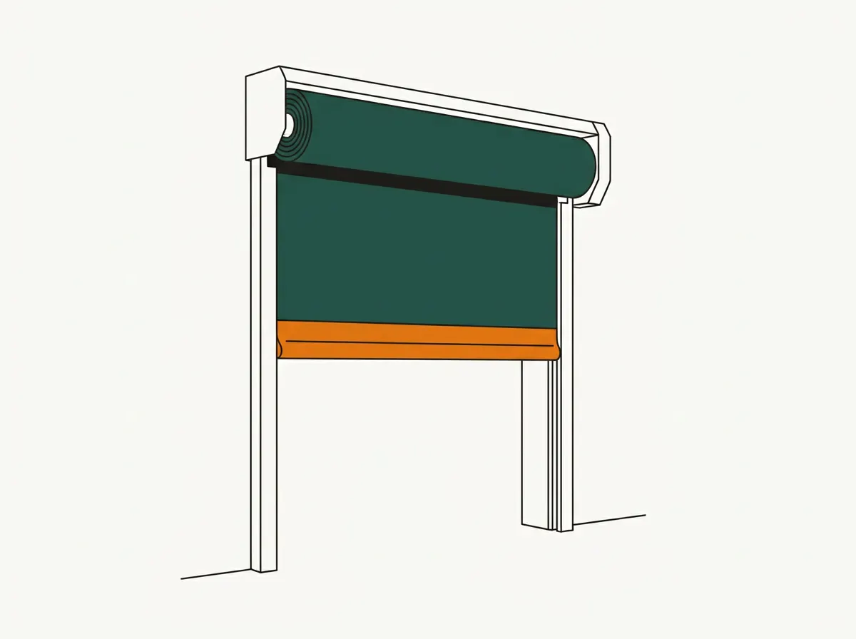 Illustration of a high-speed fabric roll-up door partially open, with its compact barrel, slim guides and flexible bottom edge.