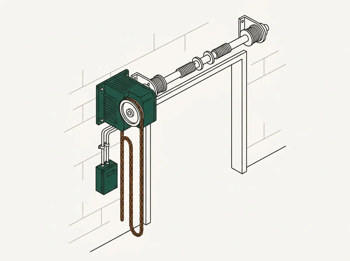 Illustration of a jackshaft operator mounted beside the door opening, driving the torsion shaft directly, with its hand chain hanging from the hoist wheel.