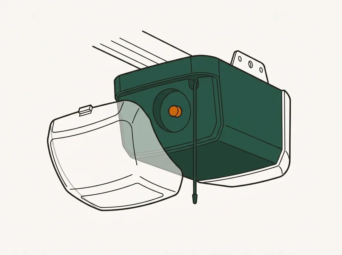 Illustration of a garage door opener's programming learn button revealed under the light cover on the motor housing.