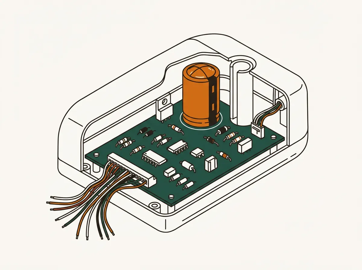 Illustration of a garage door opener's circuit board with heat-stressed components.