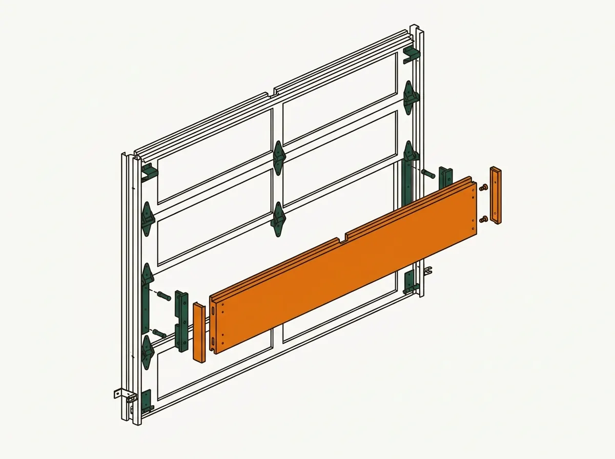 Exploded illustration of a sectional garage door showing four stacked panels separated to reveal the hinges, end stiles and interlocking edges, with one middle section drawn pulled clear of the stack.