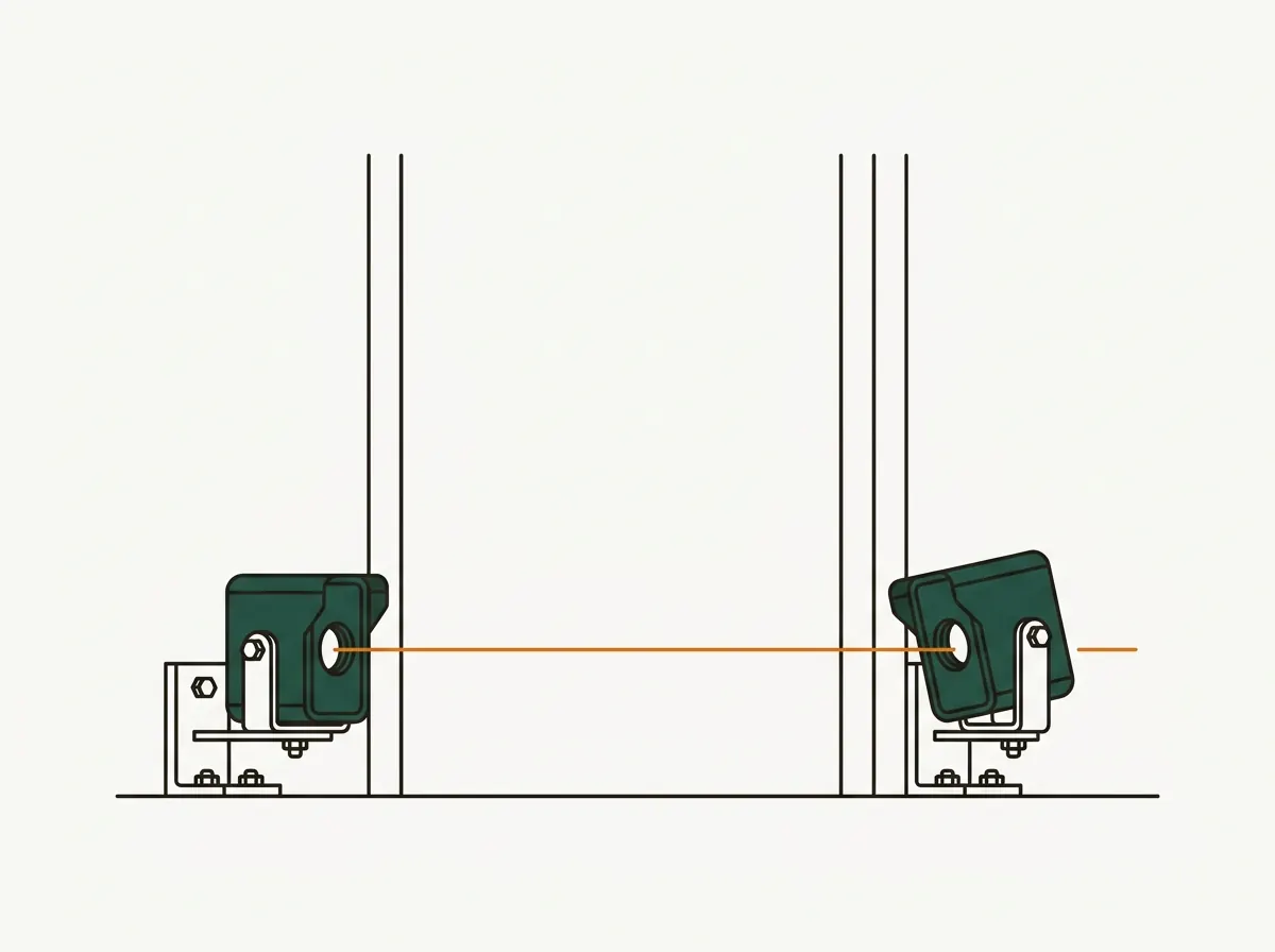 Illustration of a pair of garage door photo-eye safety sensors near the floor on each side of the opening, with the beam line between them and one sensor tilted out of alignment.