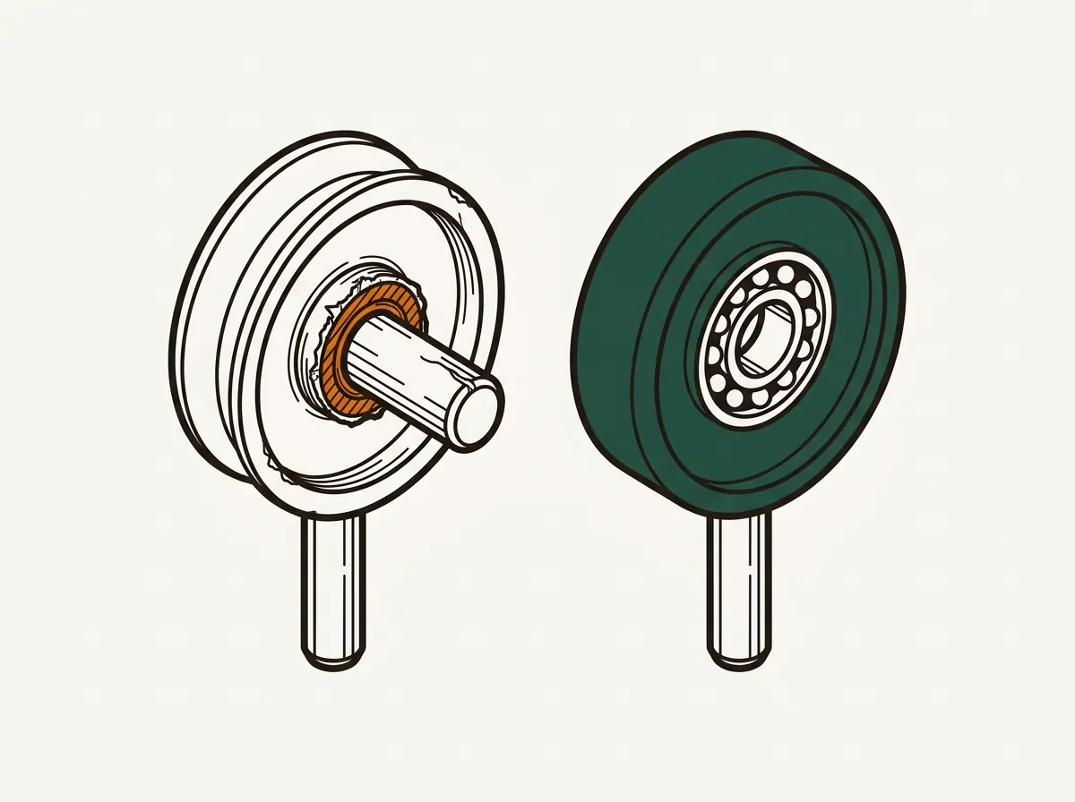 Side-by-side illustration of a worn steel garage door roller and a nylon roller with sealed bearings.