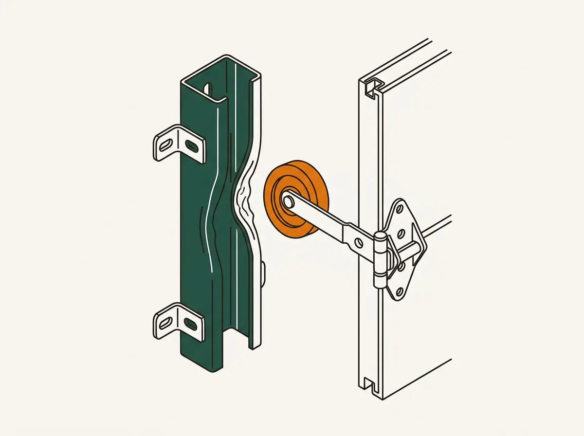 Illustration of a garage door roller sitting outside its C-shaped steel track, with the track visibly bent where the roller escaped, next to the door section edge and hinge.
