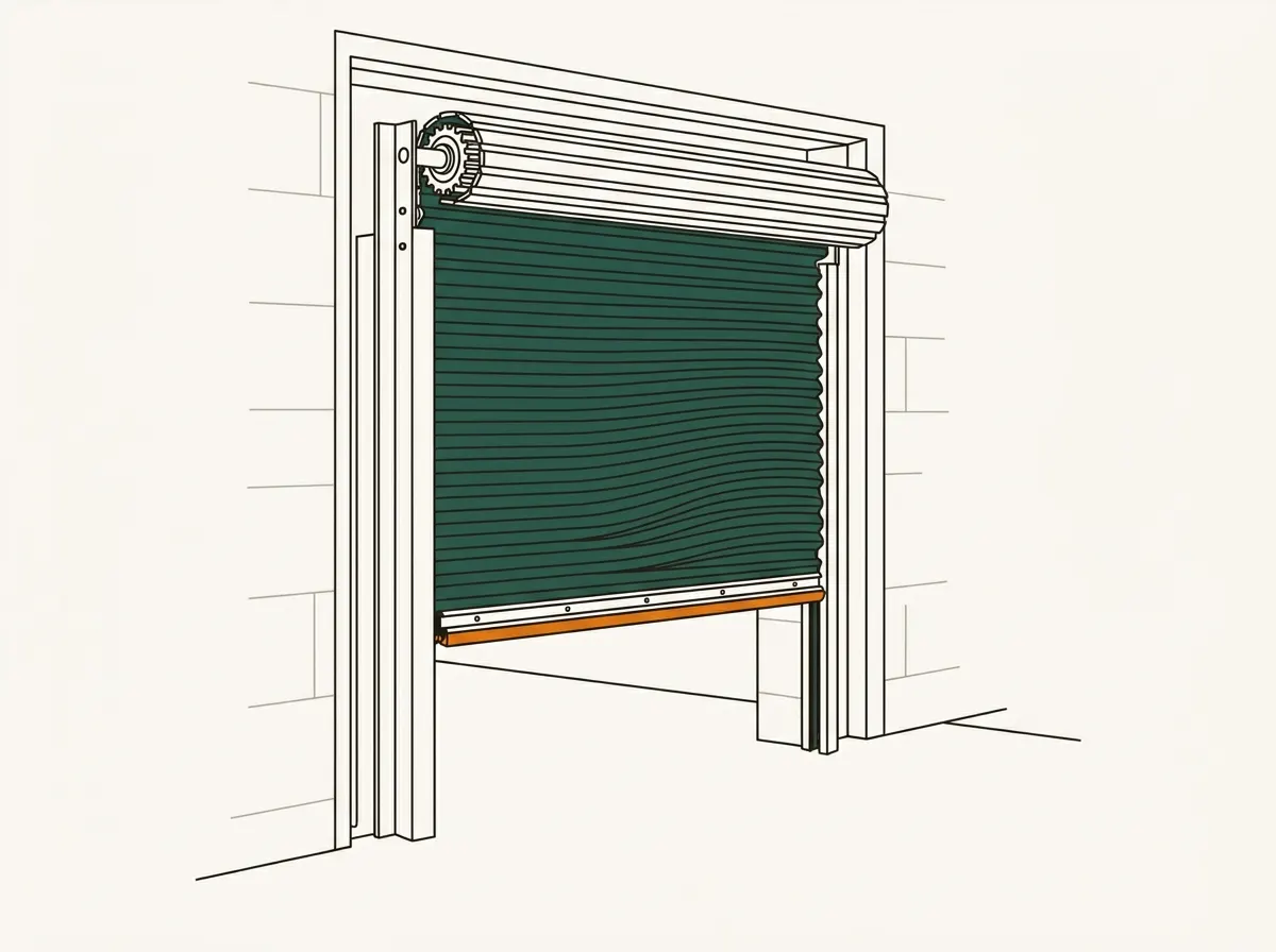 Illustration of a commercial rolling steel door partially lowered: interlocking slat curtain descending from the coiled barrel, guides at each side, bottom bar with astragal seal.