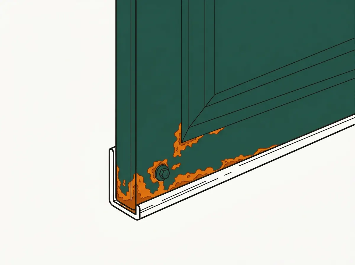 Illustration of rust patches blooming along the bottom edge of a steel garage door section near its retainer channel.