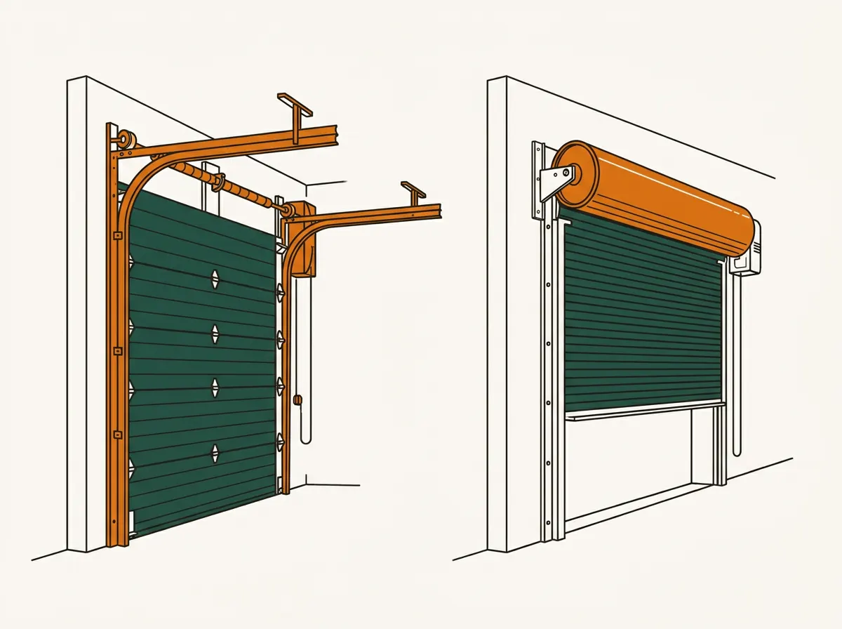 Cutaway illustration of a warehouse wall with two commercial door types side by side: a sectional panel door on curved tracks to the ceiling, and a rolling steel door coiling onto a barrel above the opening.