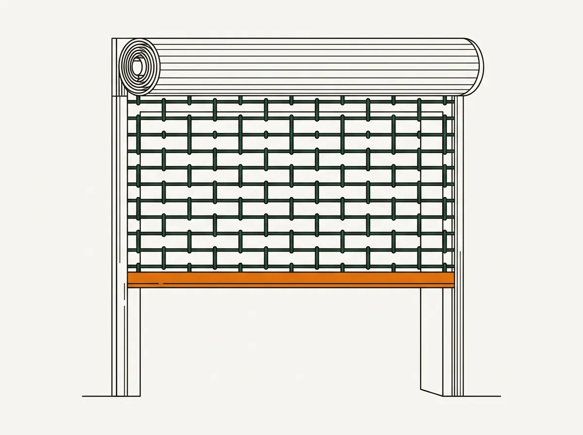 Illustration of a storefront rolling security grille: an open lattice curtain of horizontal rods and vertical links, partially lowered, with the coiled barrel housing above and guide rails at each side.