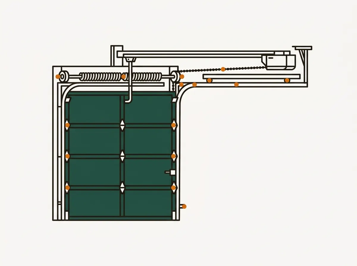 Side elevation of a commercial sectional door system with amber dots marking the lubrication and inspection points: springs, bearings, hinges, rollers and chain.