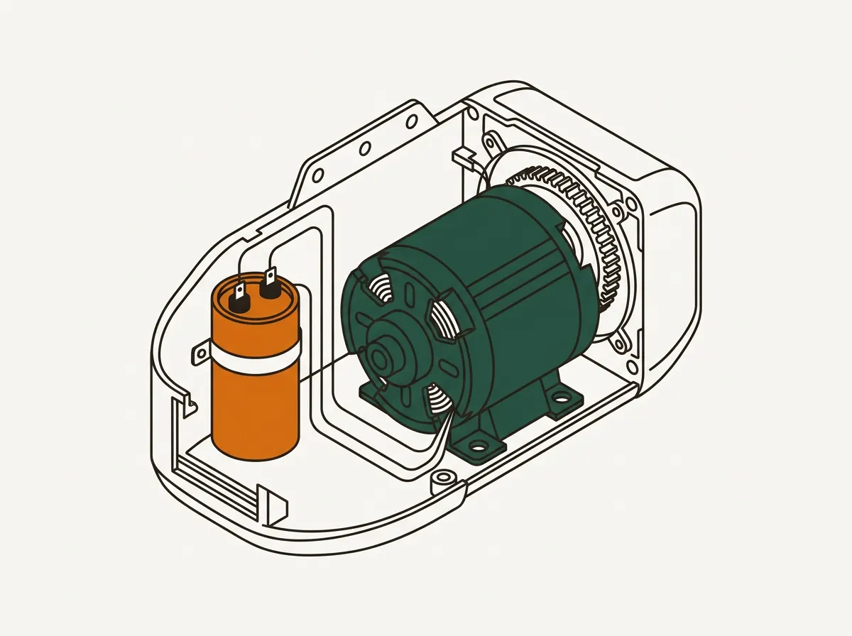 Cutaway illustration of a garage door opener with the housing open, showing the cylindrical start capacitor mounted beside the motor.