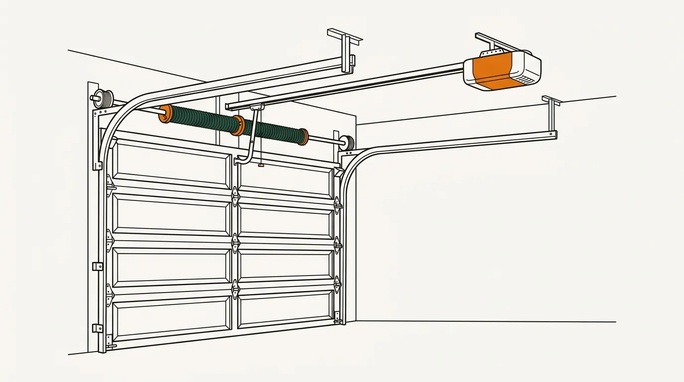 Cutaway illustration of a residential garage door system showing panels, curved track, torsion spring on its shaft with winding cones and cable drums, and a ceiling-mounted opener.