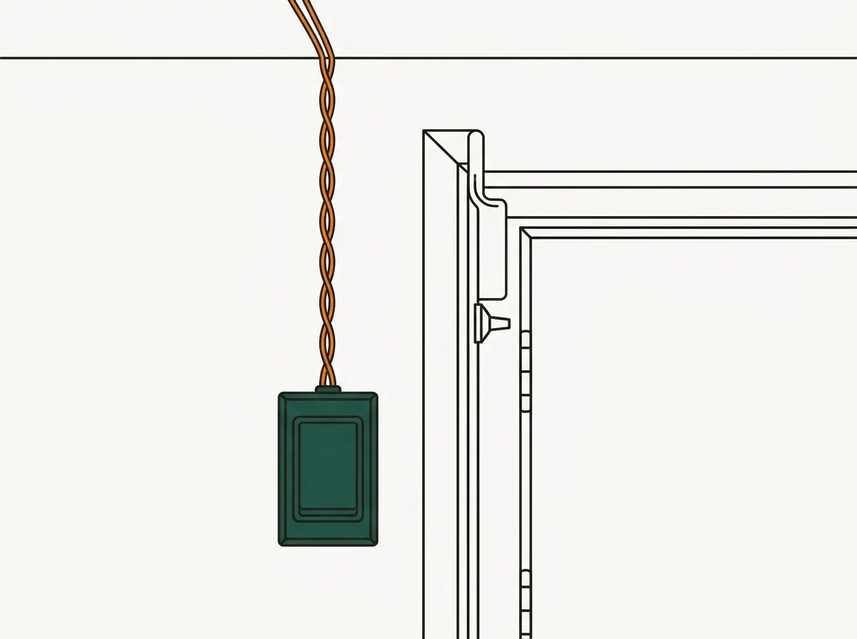 Illustration of a garage door opener wall control button with its thin bell wire running up the wall toward the ceiling.