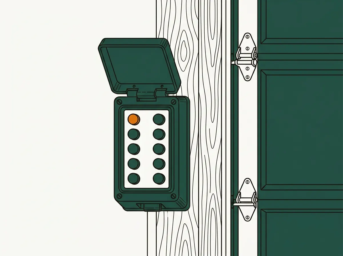 Illustration of a wireless garage door keypad with its cover flipped up, mounted on the door jamb beside the door.